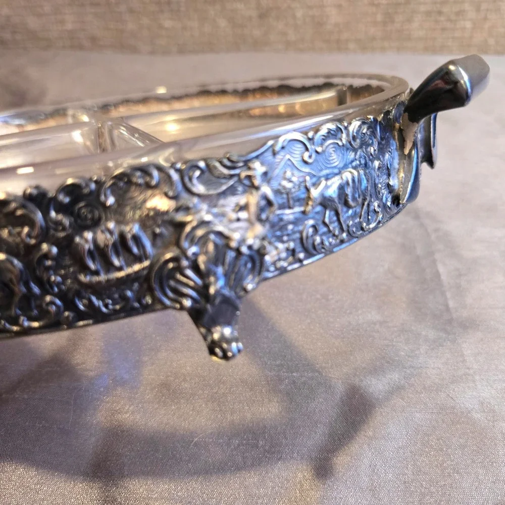 Holland Ware Vtg‎ Silver Plate Divided Footed Tray Glass Insert Dutch Scene